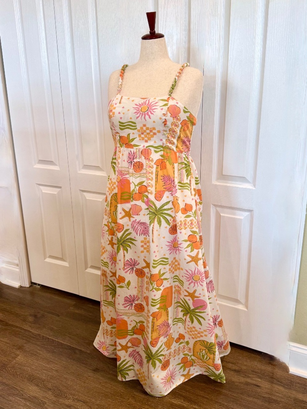 Woman's Maxi Dress by Japna, Tropical Print 100% Cotton, Pom-Pom Strap's, Sz Lg
